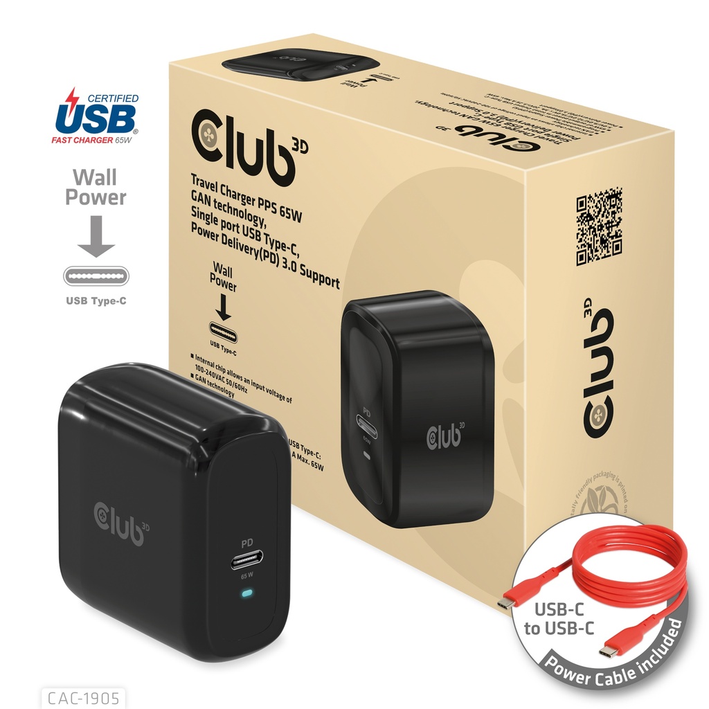 CAC-1905EU Travel Charger PPS 65W GaN Single USB‑C PD 3.0