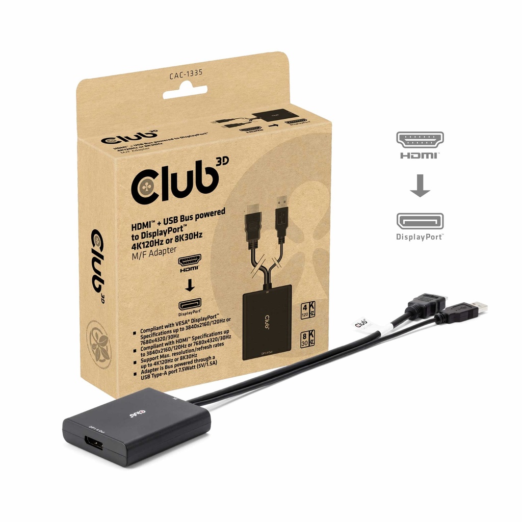 CAC-1335 HDMI™ + USB Bus‑Powered to DisplayPort™ 4K120Hz/8K30Hz Adapter M/F