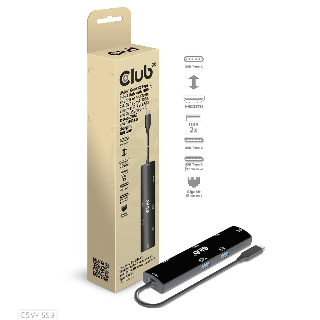 CSV-1599 USB‑C® 10Gbps 6‑in‑1 Hub HDMI™ 8K60Hz/4K120Hz USB‑A×2 RJ45 2.5G USB‑C×2 PD100W