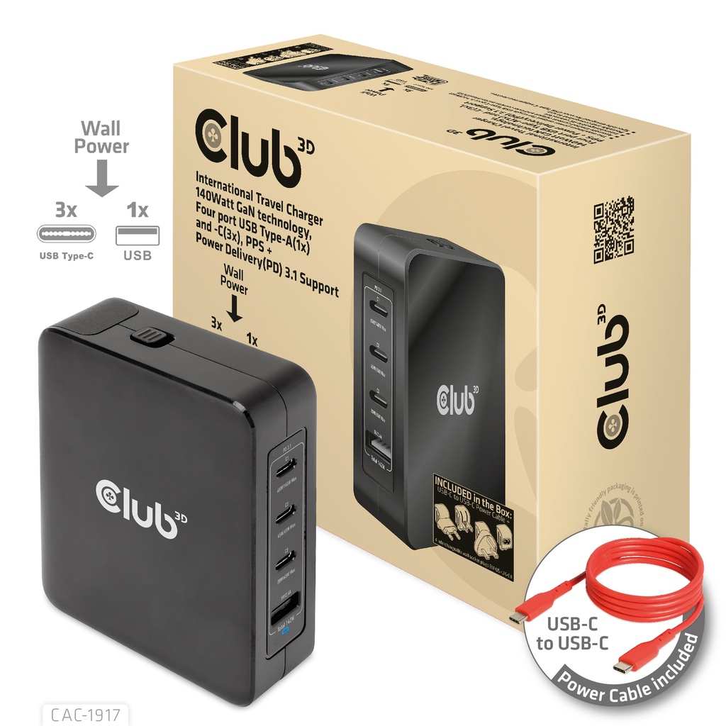 CAC-1917 International Travel Charger 140W GaN USB‑A×1 USB‑C×3 PPS + PD 3.1