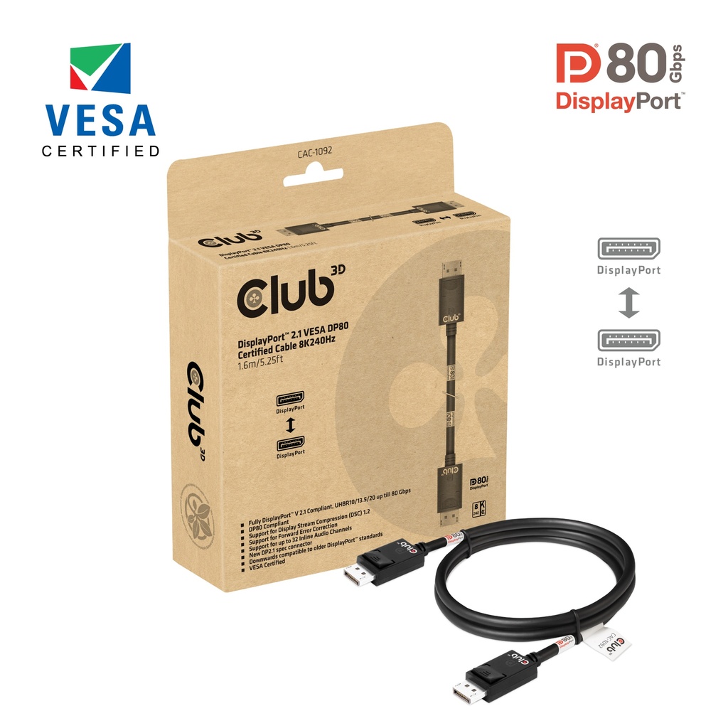 CAC-1092 DisplayPort™ 2.1 VESA DP80 Certified Cable 8K240Hz 1.6m/5.25ft