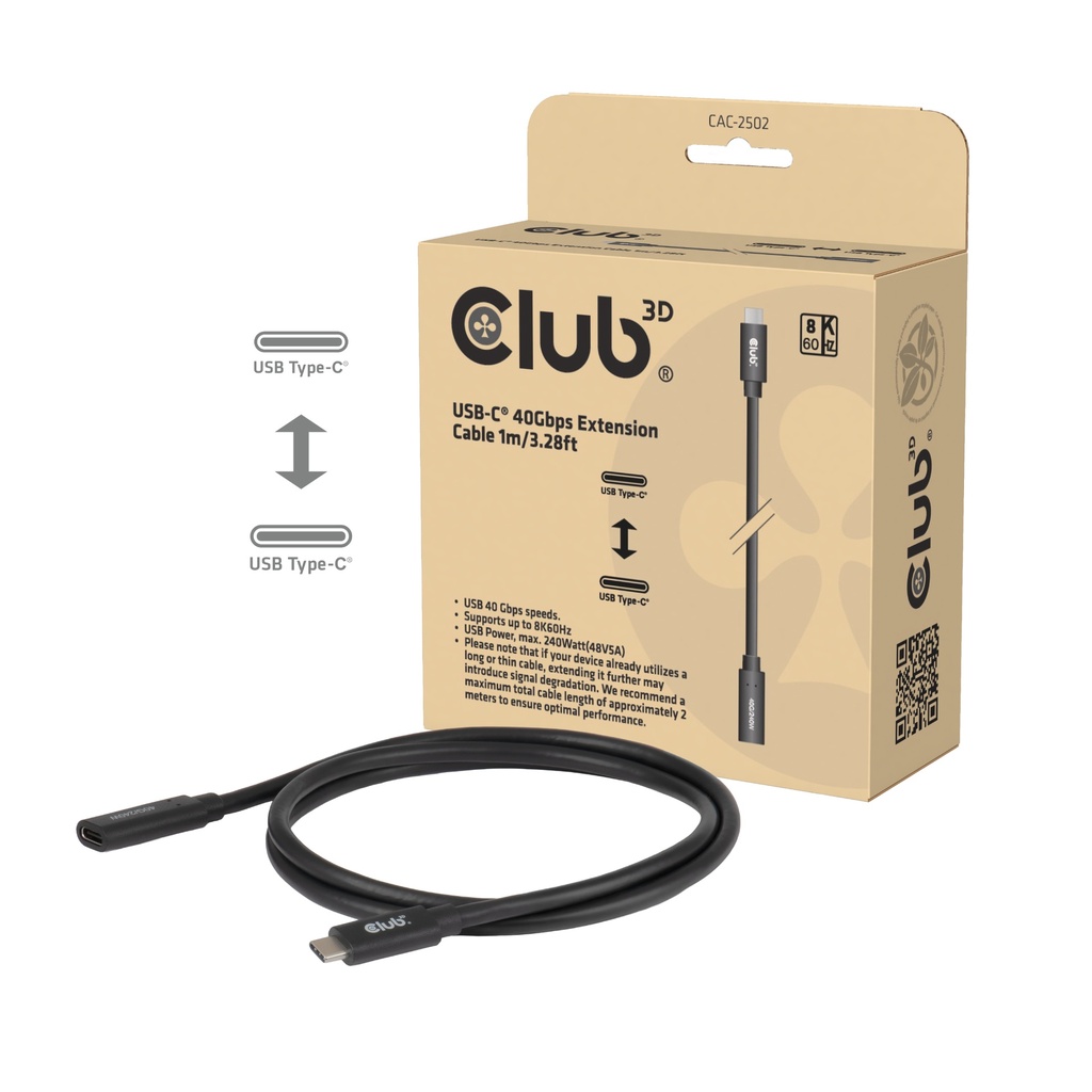 CAC-2502 USB‑C® 40Gbps Extension Cable 1m/3.28ft 240W 8K60Hz M/F